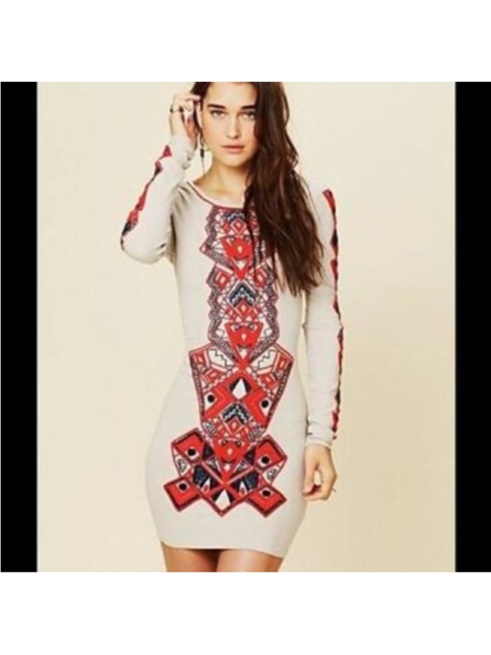 Free People Beige Long Sleeve Bodycon Dress with Red Geometric Motif